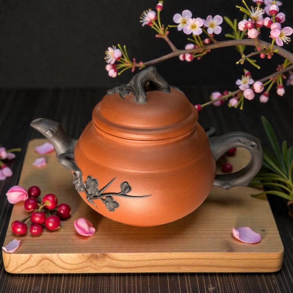 Signed Yixing China Handmade Clay Teapot Lidded Gongfu Brewing Plum Blossom